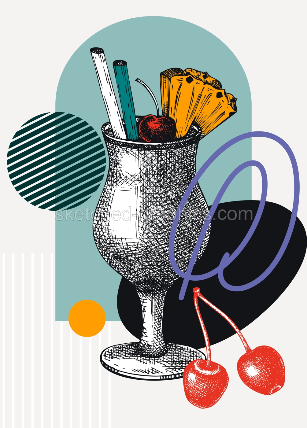 Collage style Pina Colada cocktail vector illustration. Hand-sketched alcoholic drink . Trendy design with glassware, geometric and abstract shapes. Perfect for print, poster, card, social media Illustration